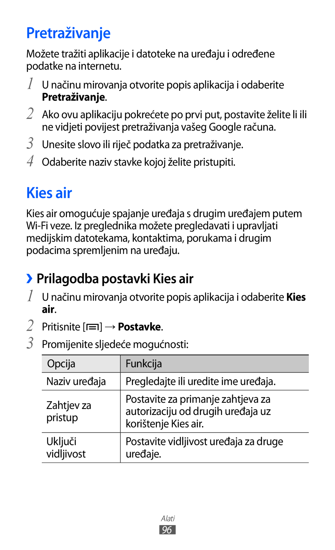 Samsung YP-GI1CW/TRA manual Pretraživanje, ››Prilagodba postavki Kies air, Air 