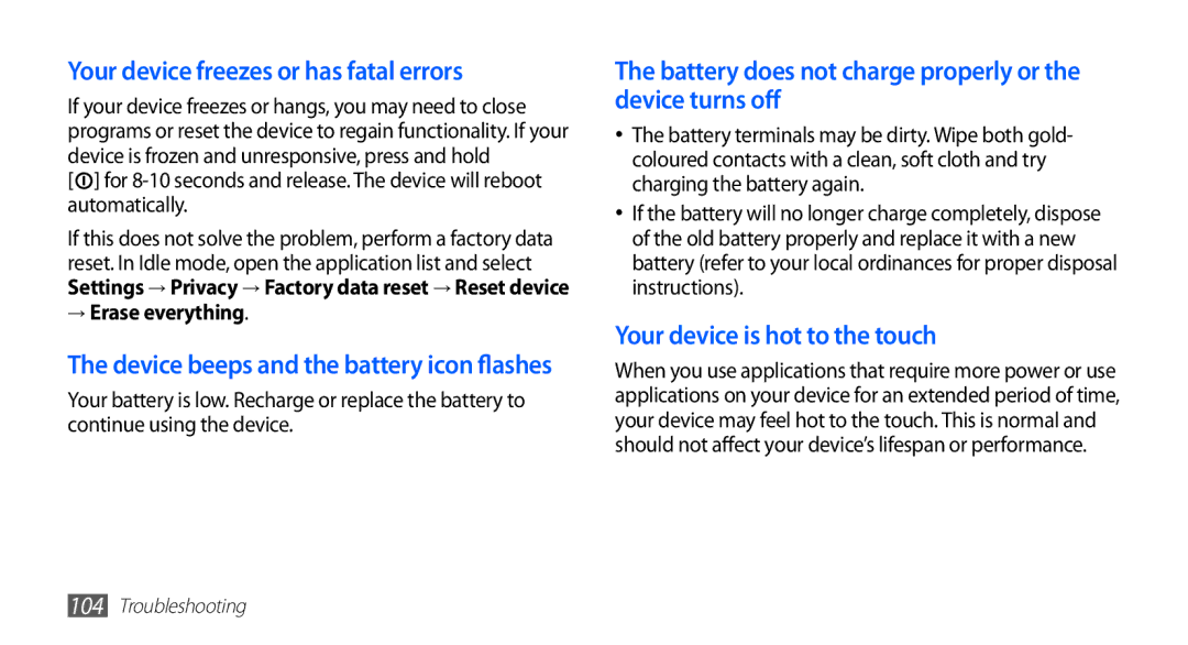 Samsung YP-GS1 user manual Your device freezes or has fatal errors, → Erase everything 