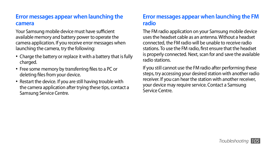 Samsung YP-GS1 user manual Error messages appear when launching the camera 