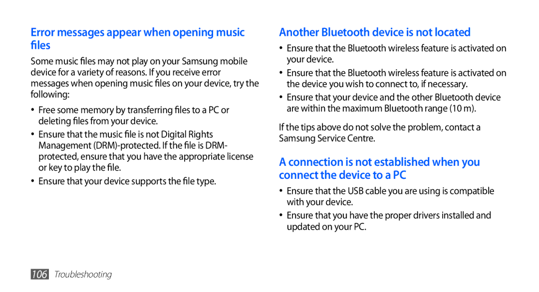 Samsung YP-GS1 user manual Error messages appear when opening music files 