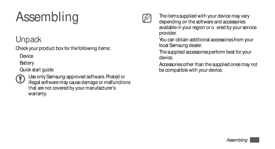 Samsung YP-GS1 user manual Assembling, Unpack 