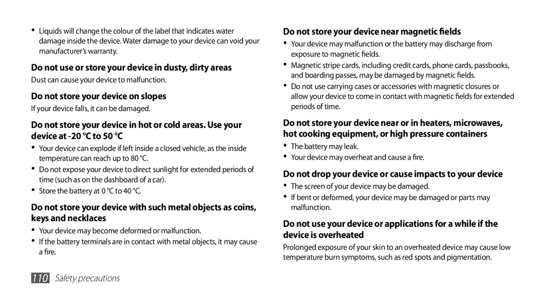 Samsung YP-GS1 user manual Do not use or store your device in dusty, dirty areas 