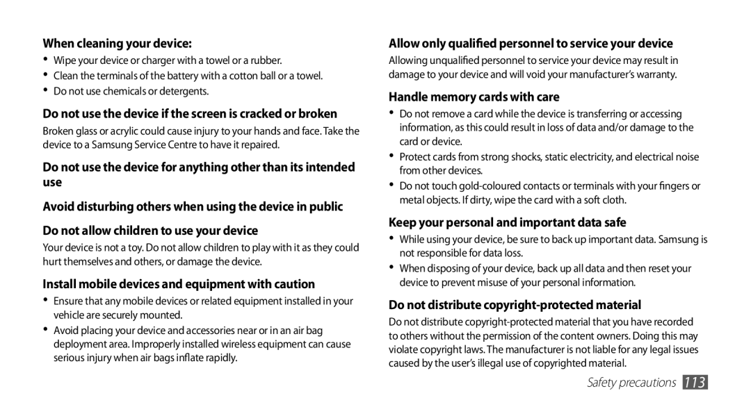 Samsung YP-GS1 user manual When cleaning your device 