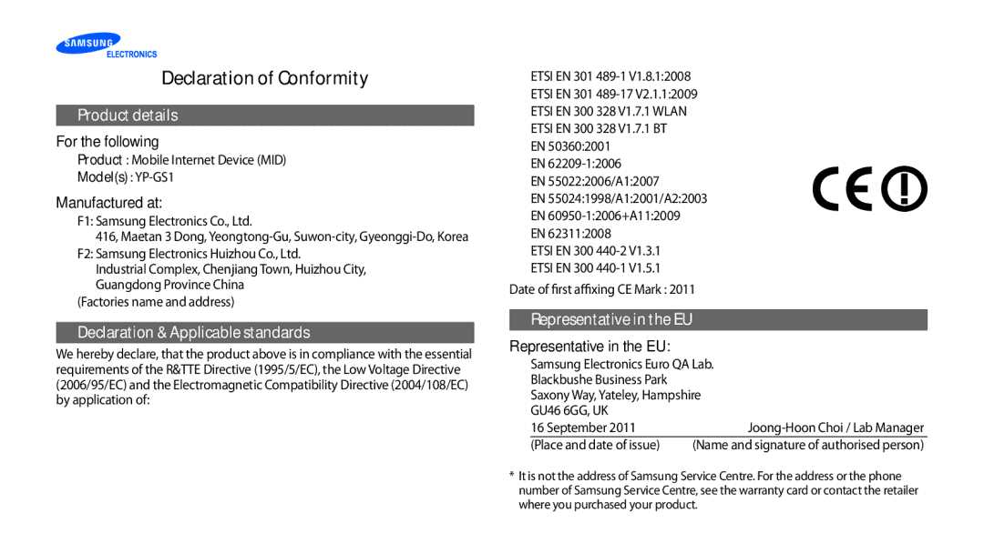 Samsung YP-GS1 user manual Declaration of Conformity, Product details 