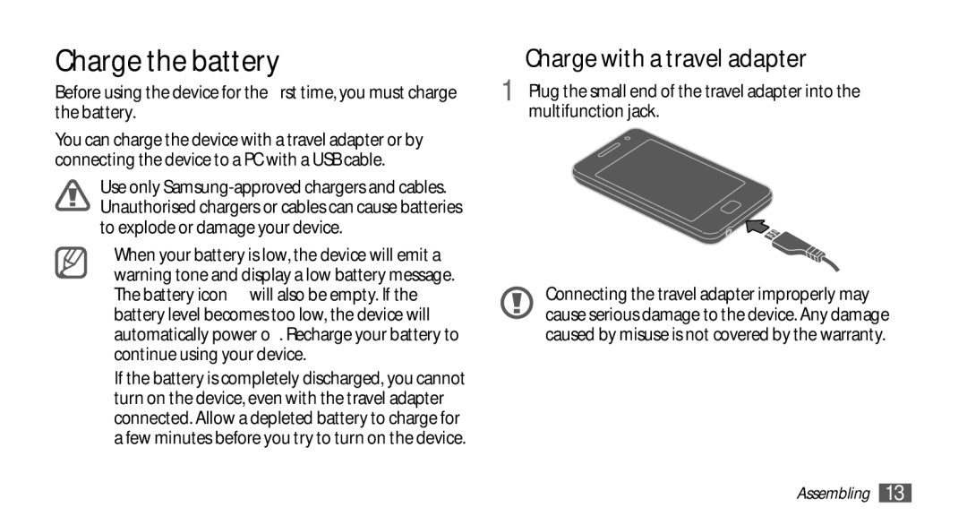 Samsung YP-GS1 user manual Charge the battery, ›› Charge with a travel adapter, Multifunction jack 