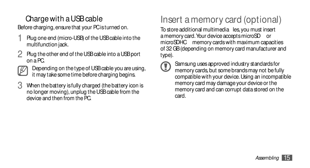 Samsung YP-GS1 user manual Insert a memory card optional, ›› Charge with a USB cable, On a PC, Device and then from the PC 