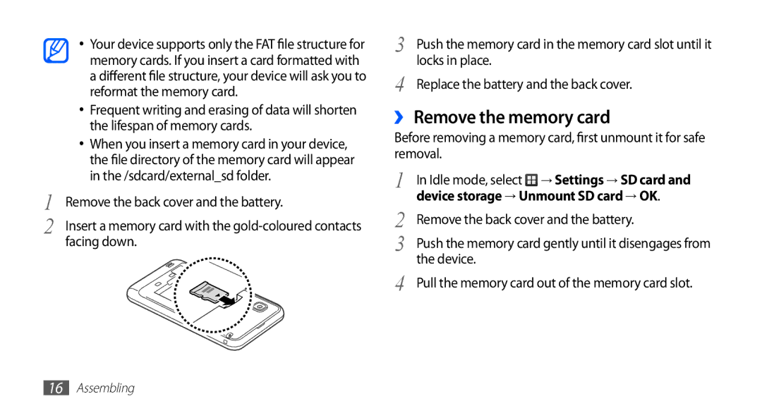 Samsung YP-GS1 user manual ›› Remove the memory card, Locks in place, Replace the battery and the back cover 