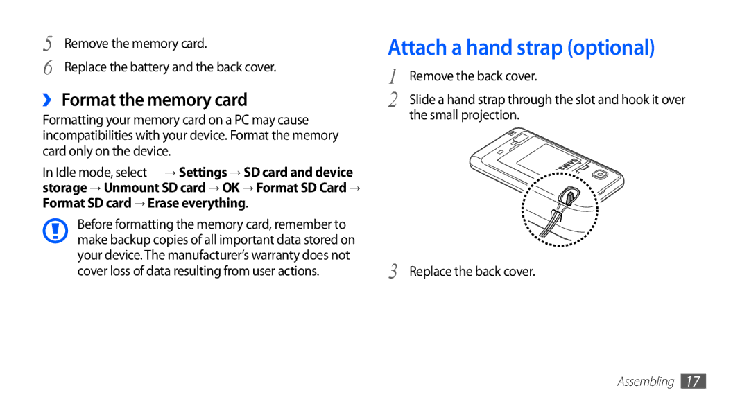 Samsung YP-GS1 user manual Attach a hand strap optional, ›› Format the memory card, Small projection 