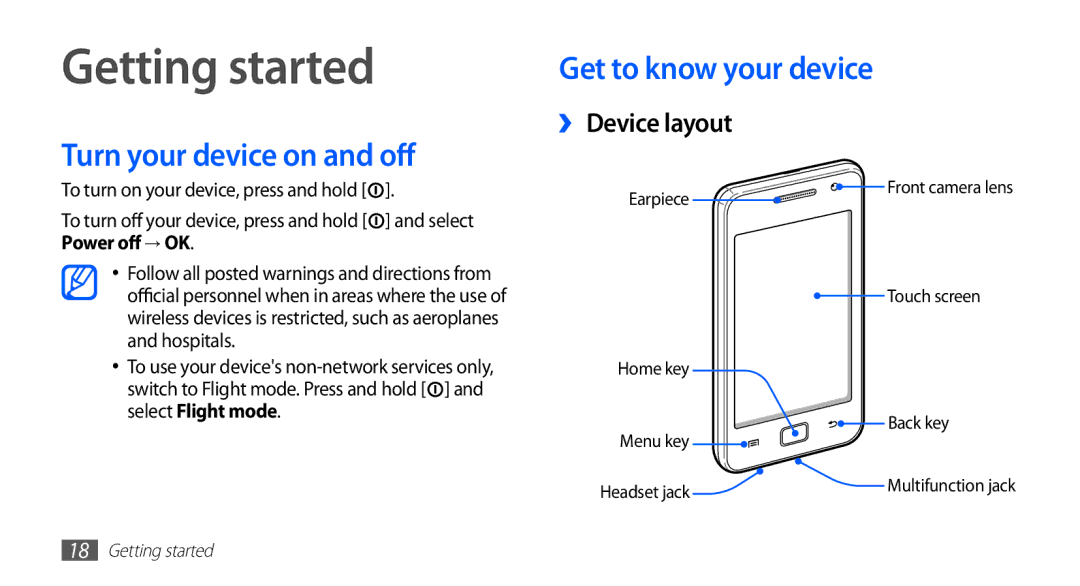 Samsung YP-GS1 user manual Getting started, Turn your device on and off, Get to know your device, ›› Device layout 