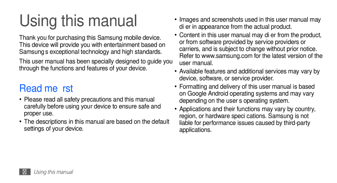 Samsung YP-GS1 user manual Using this manual, Read me first 