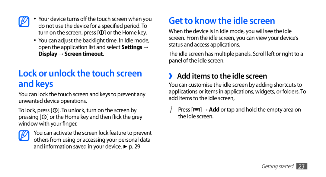 Samsung YP-GS1 Lock or unlock the touch screen and keys, Get to know the idle screen, ›› Add items to the idle screen 