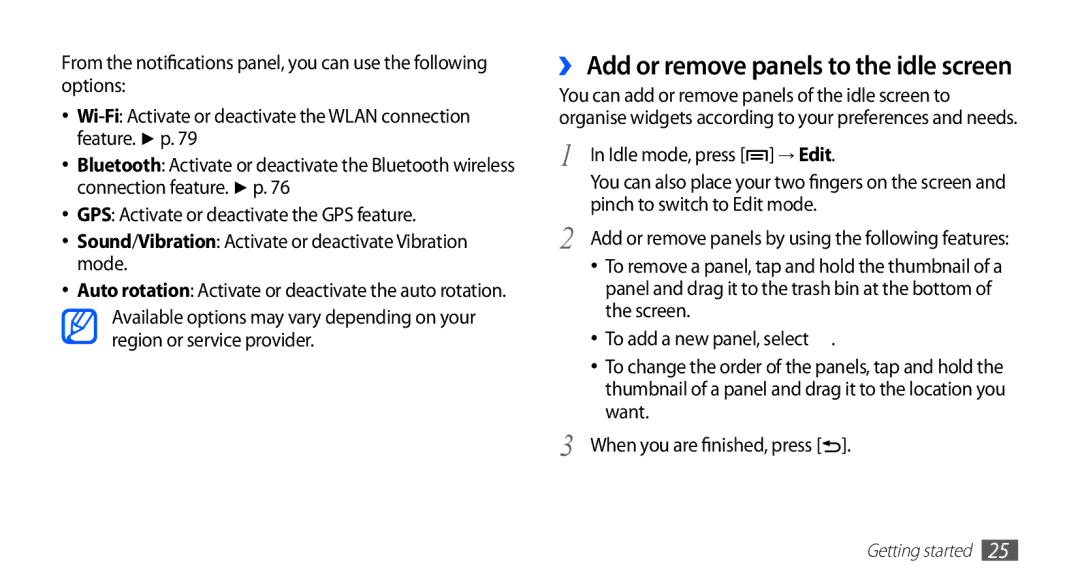 Samsung YP-GS1 user manual ›› Add or remove panels to the idle screen 