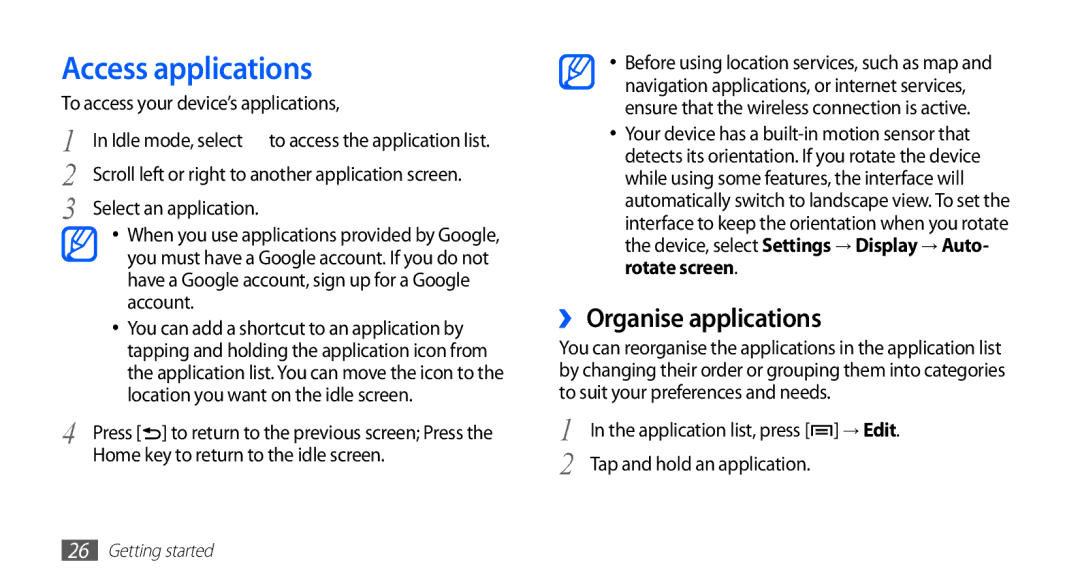 Samsung YP-GS1 user manual Access applications, ›› Organise applications, To access your device’s applications 