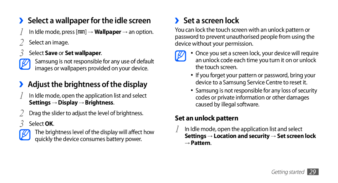 Samsung YP-GS1 user manual ›› Adjust the brightness of the display, ›› Set a screen lock, Select Save or Set wallpaper 