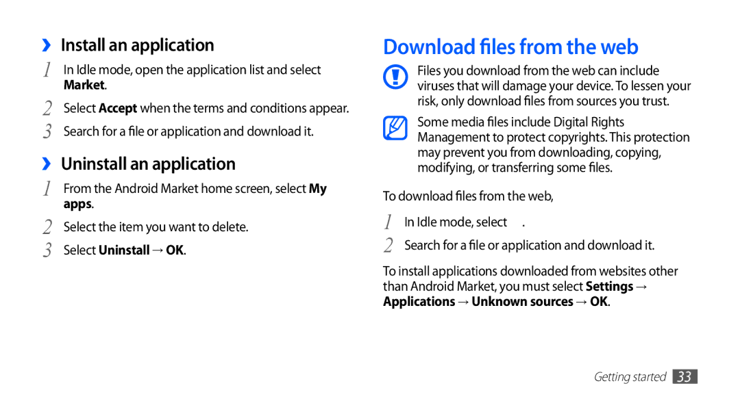 Samsung YP-GS1 user manual Download files from the web, ›› Install an application, ›› Uninstall an application, Apps 