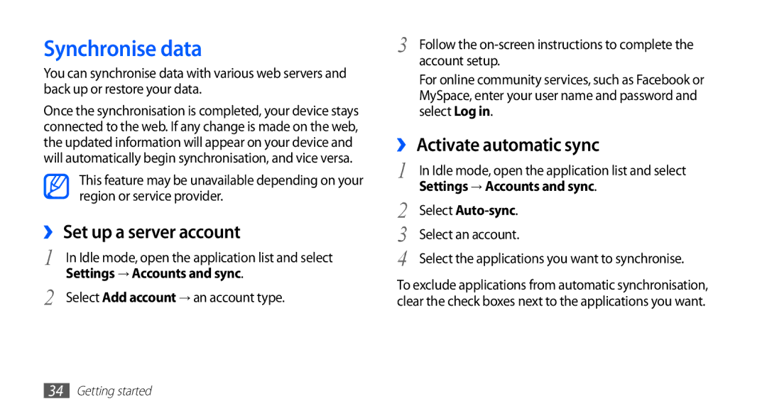 Samsung YP-GS1 Synchronise data, ›› Set up a server account, ›› Activate automatic sync, Settings → Accounts and sync 