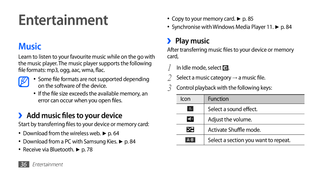 Samsung YP-GS1 user manual Entertainment, Music, ›› Add music files to your device, ›› Play music 