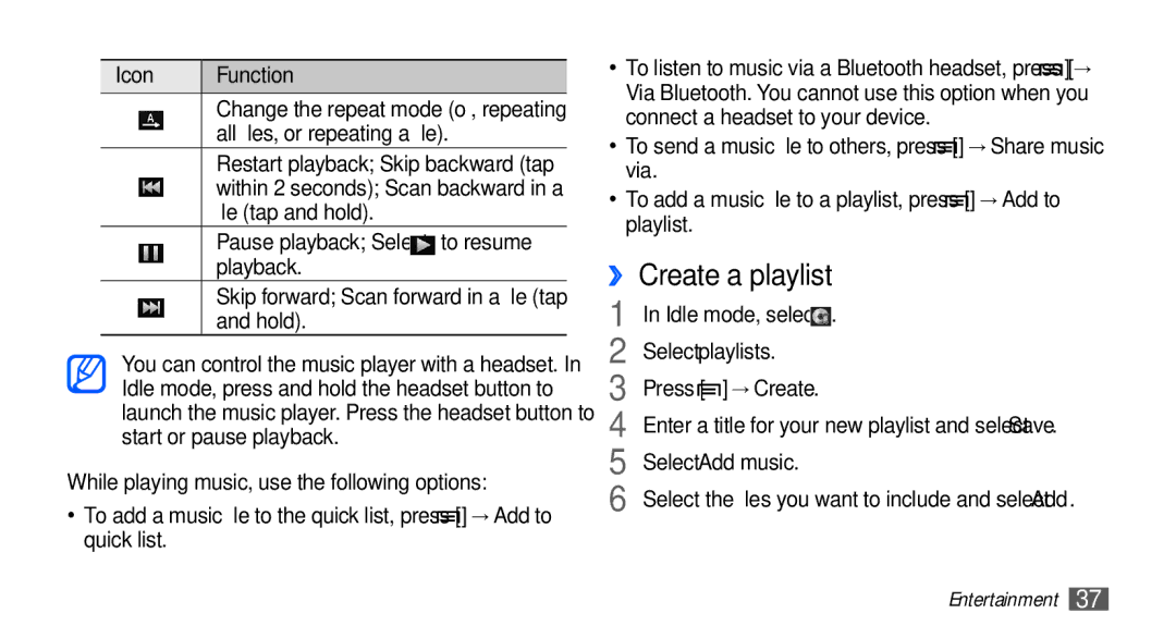 Samsung YP-GS1 ›› Create a playlist, To add a music file to a playlist, press → Add to playlist, Select playlists 