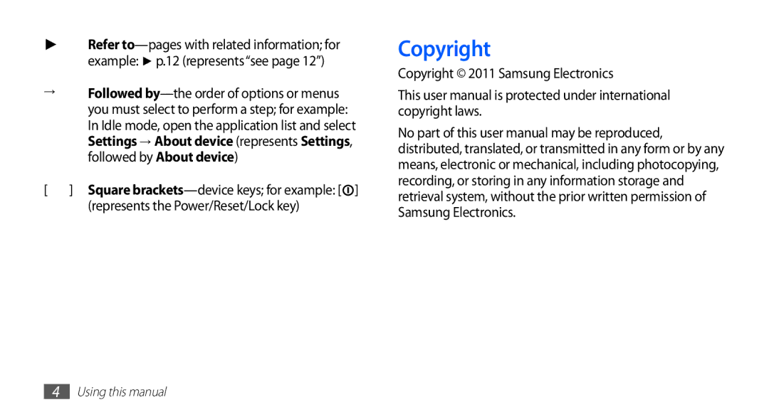 Samsung YP-GS1 user manual Represents the Power/Reset/Lock key, Copyright 2011 Samsung Electronics 