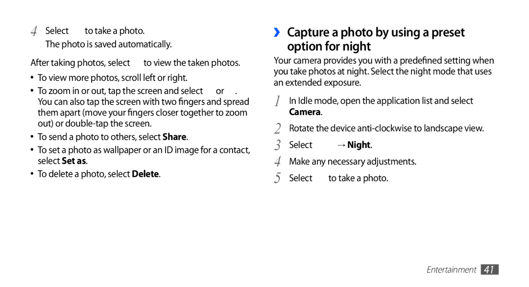 Samsung YP-GS1 user manual ›› Capture a photo by using a preset Option for night, → Night 