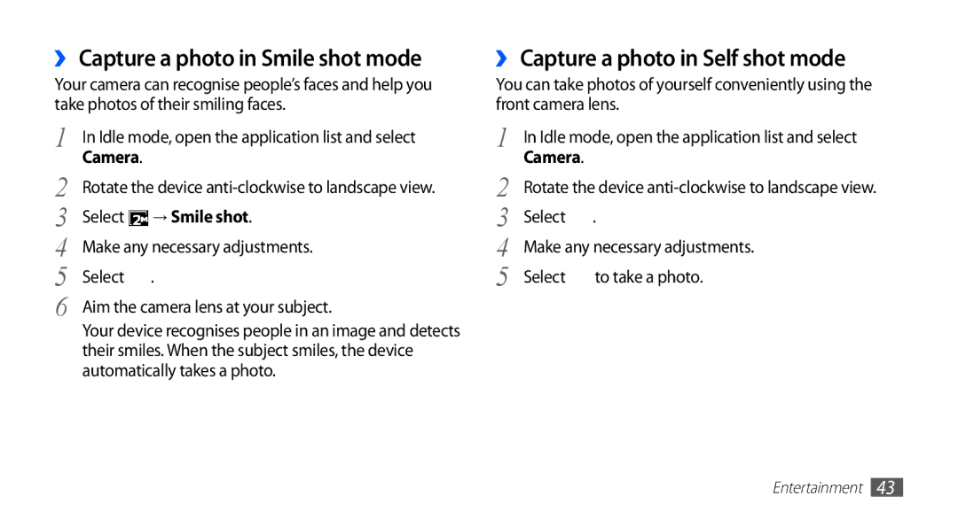 Samsung YP-GS1 user manual ›› Capture a photo in Smile shot mode, ›› Capture a photo in Self shot mode 