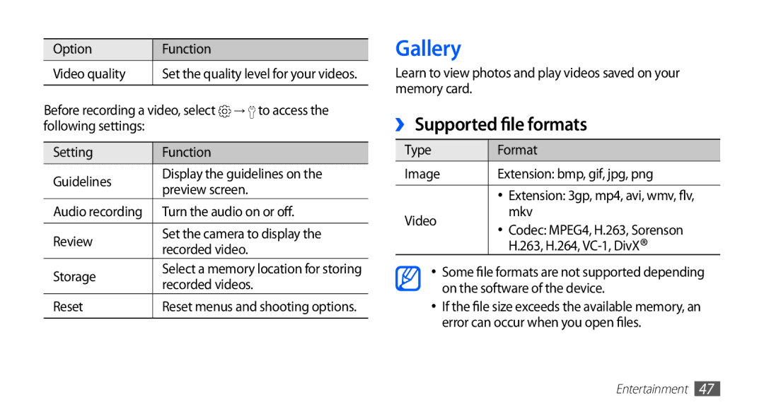 Samsung YP-GS1 user manual Gallery, ›› Supported file formats 