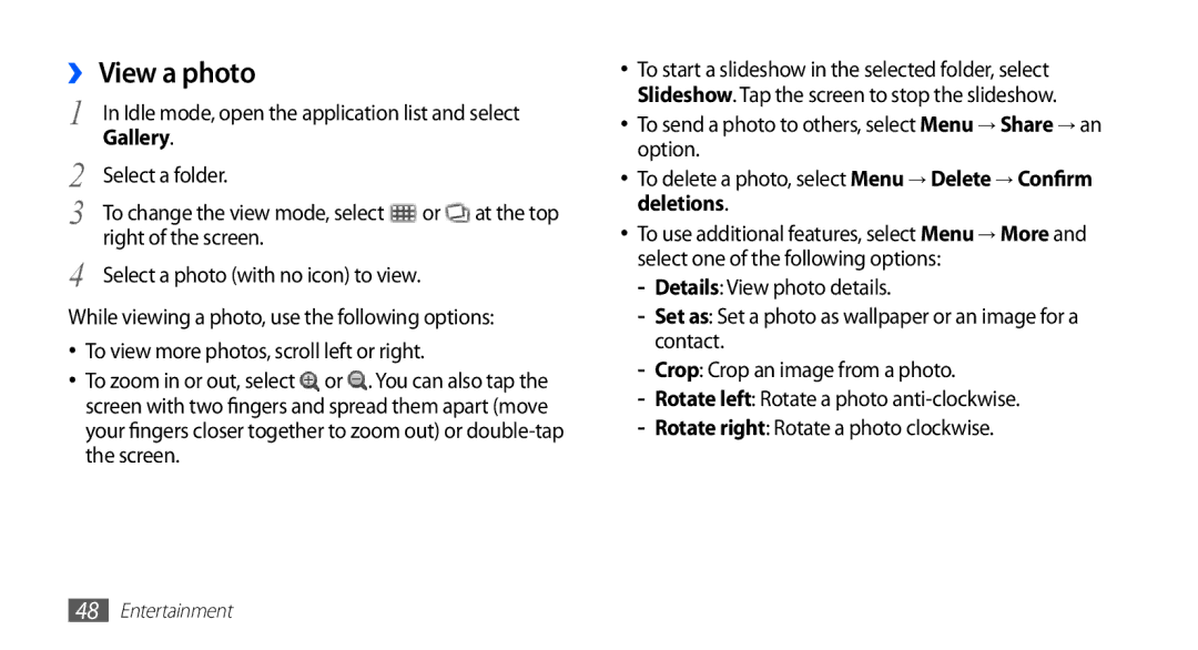 Samsung YP-GS1 user manual ›› View a photo, Gallery, To delete a photo, select Menu → Delete → Confirm deletions 