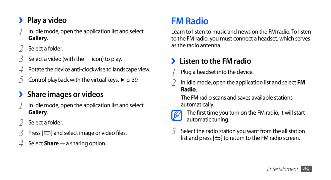 Samsung YP-GS1 user manual FM Radio, ›› Play a video, ›› Share images or videos, ›› Listen to the FM radio 