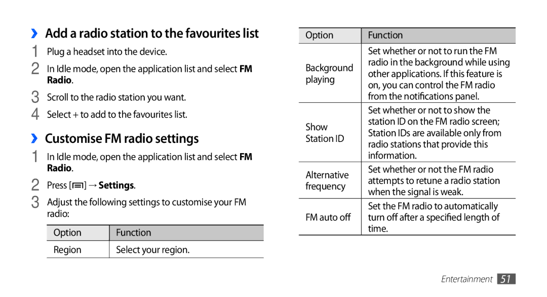 Samsung YP-GS1 user manual ›› Customise FM radio settings, → Settings 