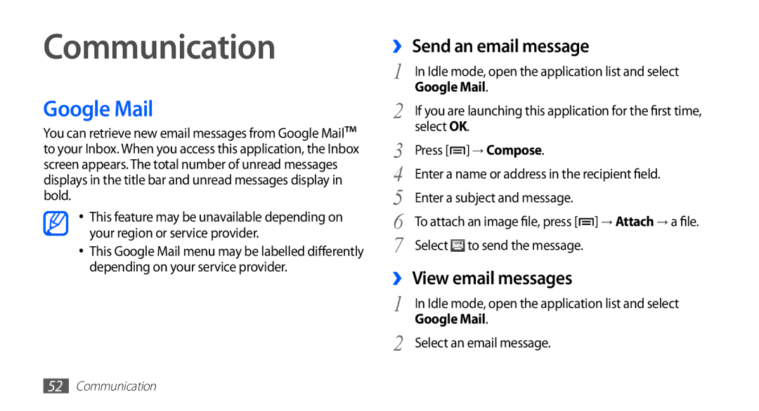 Samsung YP-GS1 user manual Communication, Google Mail, ›› Send an email message, ›› View email messages 