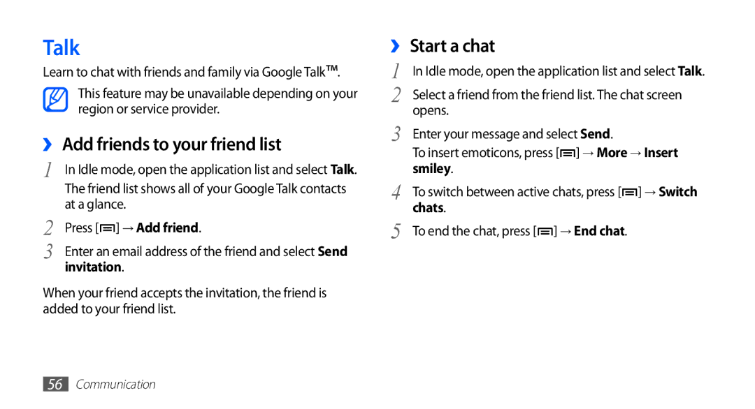 Samsung YP-GS1 user manual Talk, ›› Add friends to your friend list, ›› Start a chat 