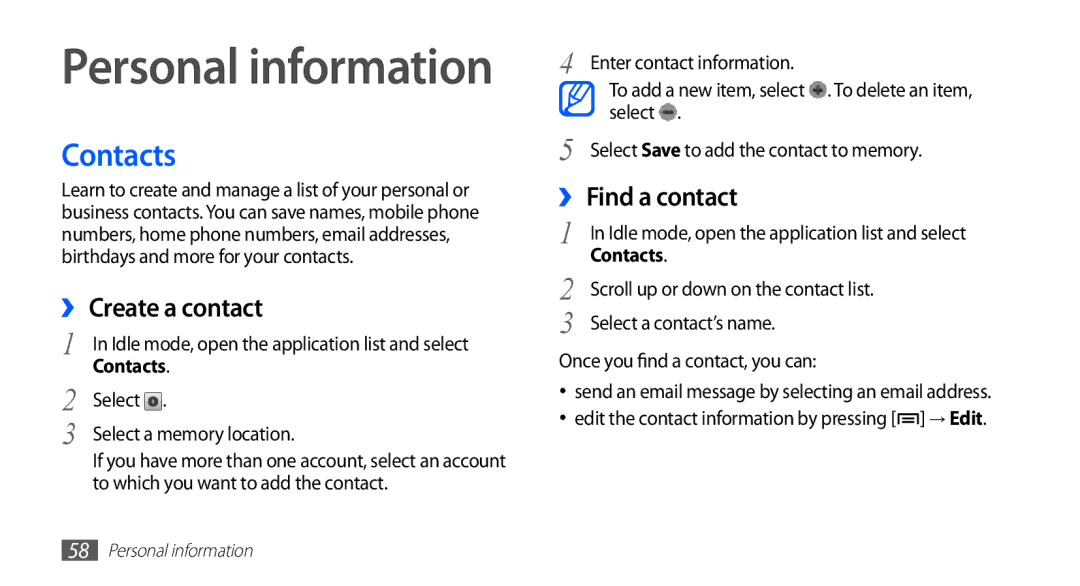 Samsung YP-GS1 user manual Contacts, ›› Create a contact, ›› Find a contact 