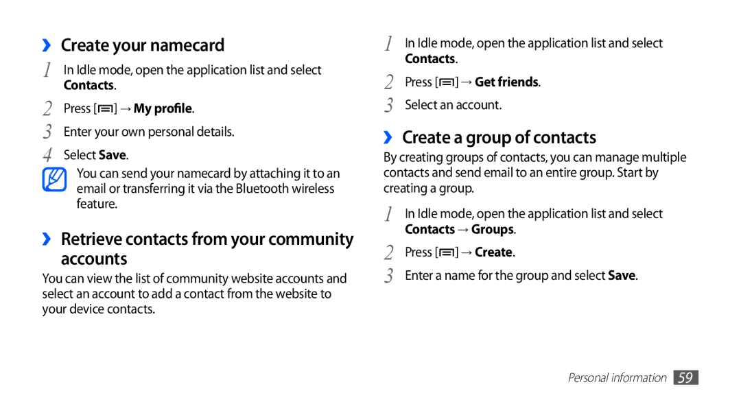 Samsung YP-GS1 user manual ›› Create your namecard, Accounts, ›› Create a group of contacts, Contacts → Groups 