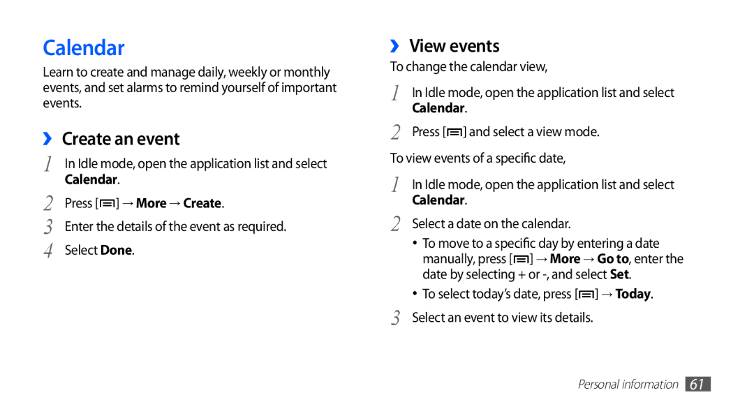 Samsung YP-GS1 user manual Calendar, ›› Create an event, ›› View events 