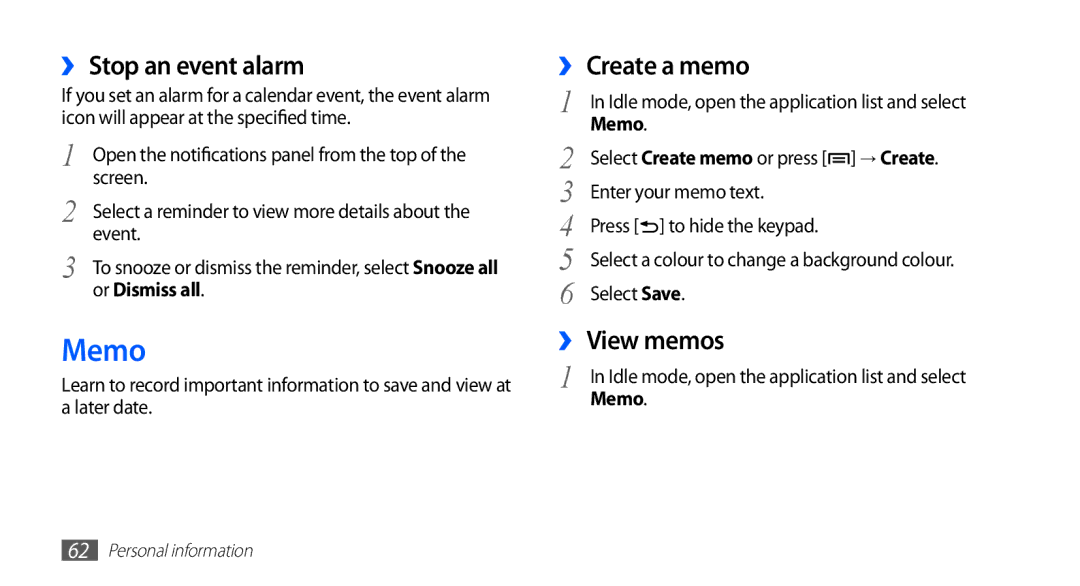 Samsung YP-GS1 user manual Memo, ›› Stop an event alarm, ›› Create a memo, ›› View memos 