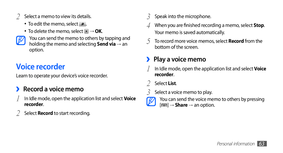 Samsung YP-GS1 user manual Voice recorder, ›› Record a voice memo, ›› Play a voice memo, Recorder 