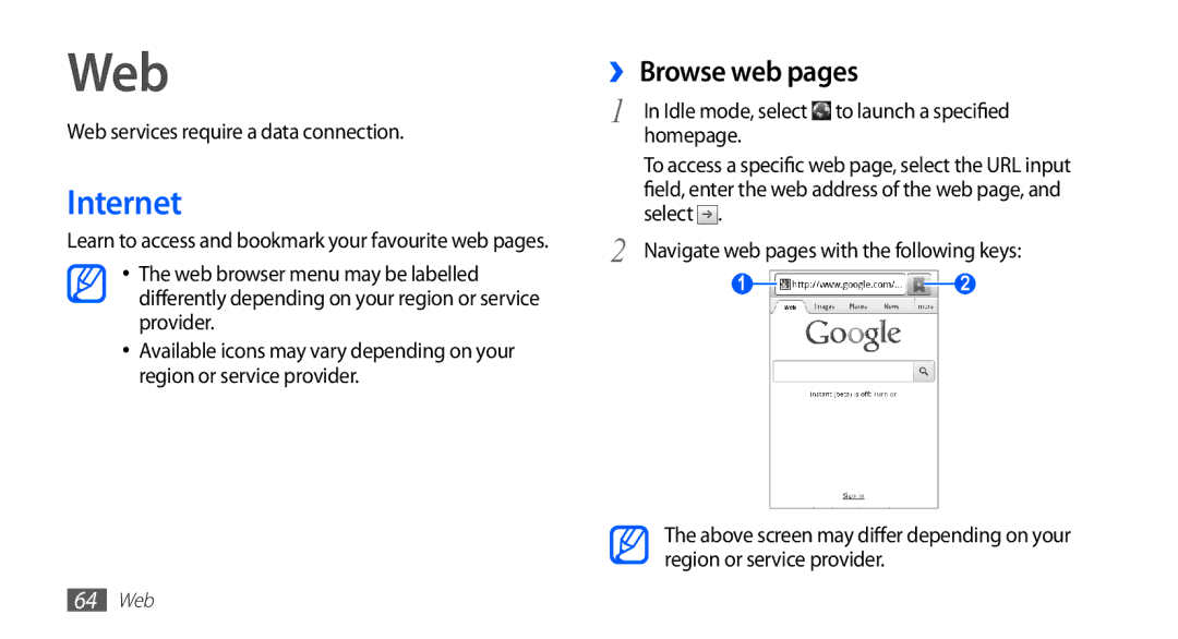 Samsung YP-GS1 user manual Internet, ›› Browse web pages, Web services require a data connection, Homepage 