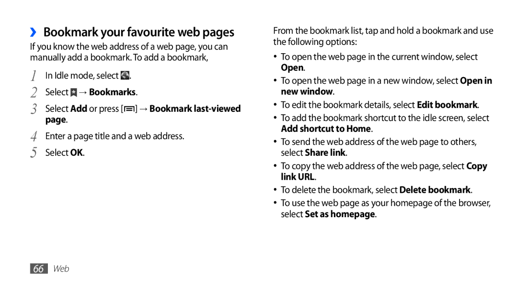 Samsung YP-GS1 user manual ›› Bookmark your favourite web pages, Select → Bookmarks, Enter a page title and a web address 