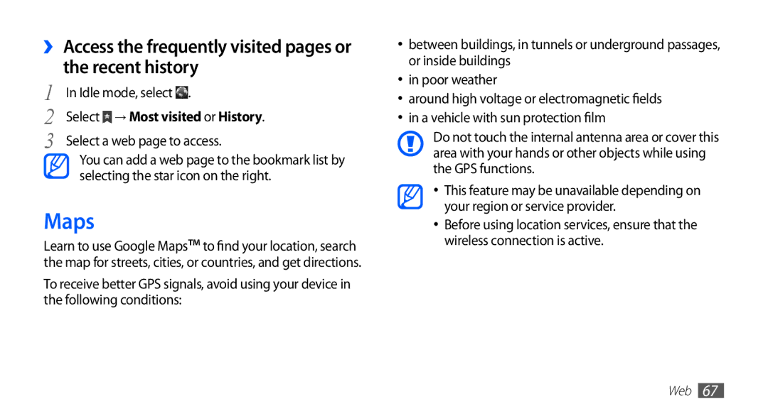 Samsung YP-GS1 user manual Maps, Select a web page to access 