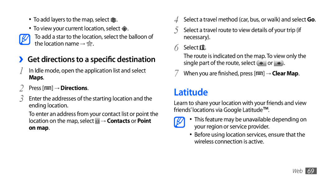 Samsung YP-GS1 user manual Latitude, → Directions, Ending location, Necessary Select 