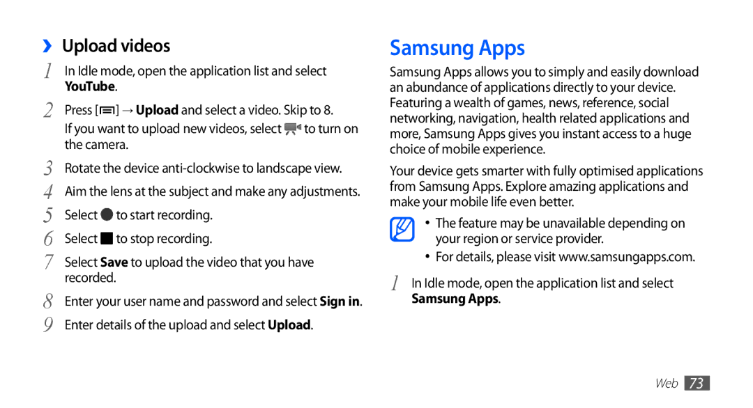 Samsung YP-GS1 user manual Samsung Apps, ›› Upload videos, Camera, Select To start recording To stop recording, Recorded 