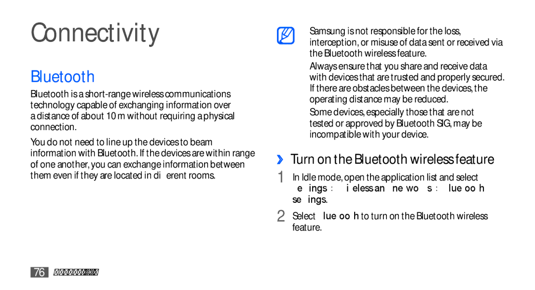 Samsung YP-GS1 user manual Connectivity, Bluetooth, Settings, Feature 