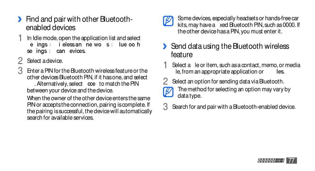 Samsung YP-GS1 ›› Find and pair with other Bluetooth- enabled devices, ›› Send data using the Bluetooth wireless feature 