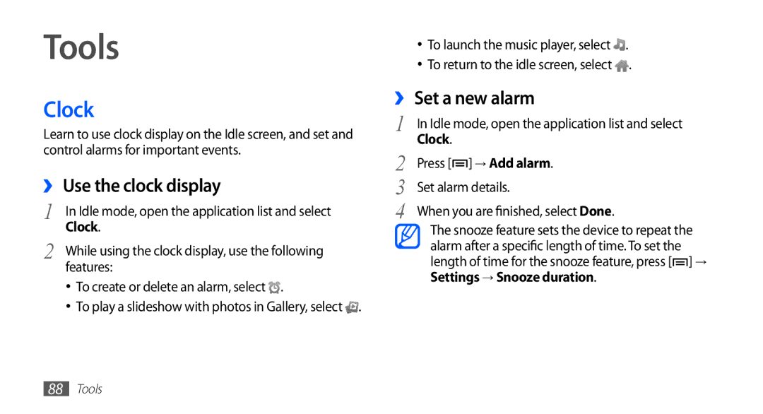 Samsung YP-GS1 user manual Tools, Clock, ›› Use the clock display, ›› Set a new alarm 