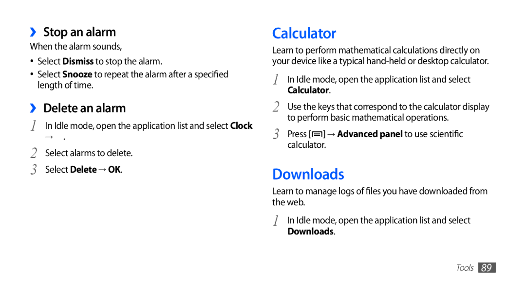 Samsung YP-GS1 user manual Calculator, Downloads, ›› Stop an alarm, ›› Delete an alarm 