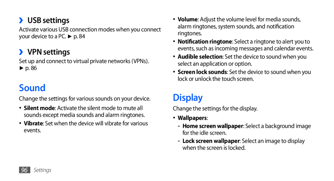 Samsung YP-GS1 user manual Sound, Display, ›› USB settings, ›› VPN settings, Change the settings for the display 