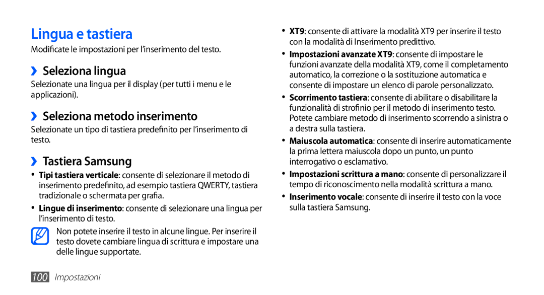 Samsung YP-GS1CW/XET manual Lingua e tastiera, ››Seleziona lingua, ››Seleziona metodo inserimento, ››Tastiera Samsung 