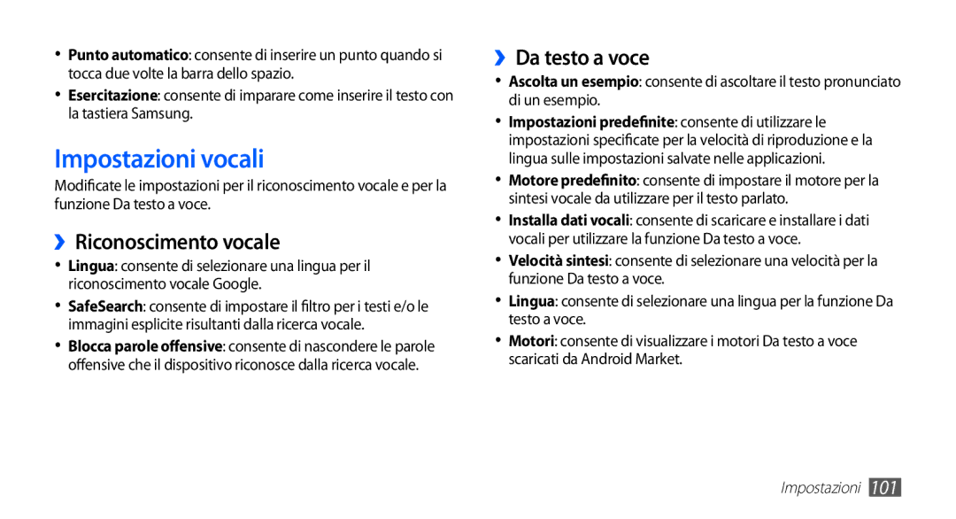 Samsung YP-GS1CB/XEG, YP-GS1CB/XET, YP-GS1CW/XET manual Impostazioni vocali, ››Riconoscimento vocale, ››Da testo a voce 