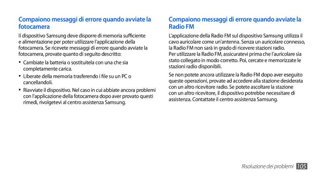 Samsung YP-GS1CB/XET, YP-GS1CW/XET, YP-GS1CB/XEG manual Compaiono messaggi di errore quando avviate la fotocamera 