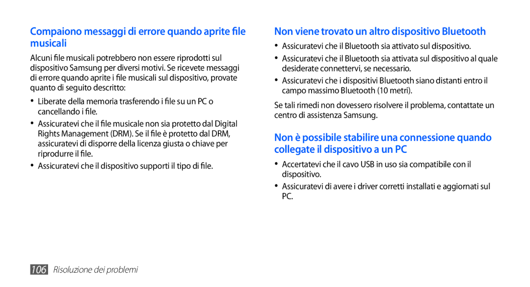 Samsung YP-GS1CW/XET, YP-GS1CB/XET, YP-GS1CB/XEG manual Compaiono messaggi di errore quando aprite file musicali 